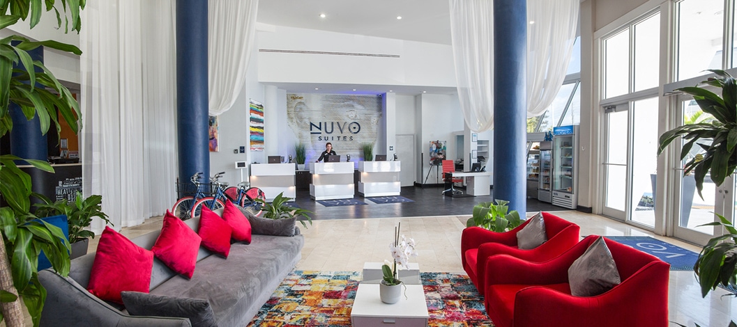 Seating in the front lobby of Nuvo Suites