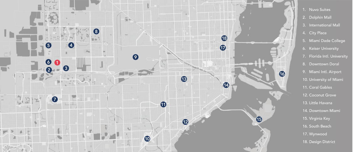 Map of Miami with important locations marked